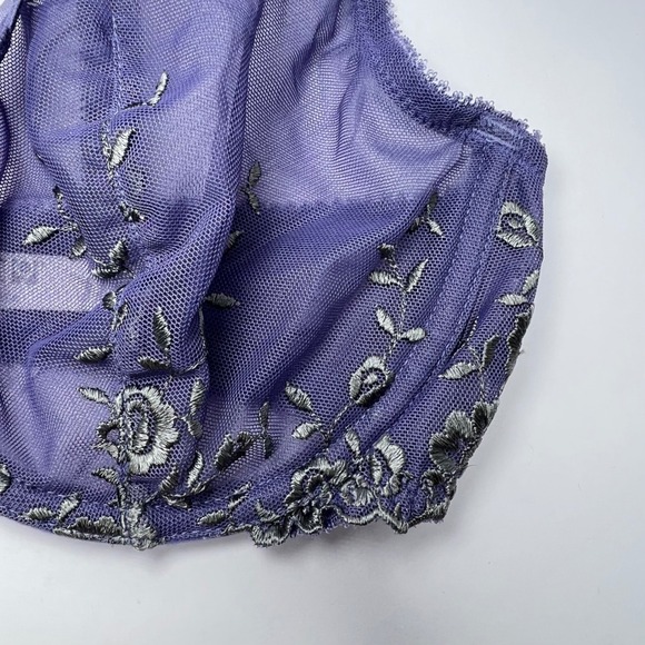 Purple Mesh Embroidered Underwire Bra 36D Floral Lace Unlined Sheer Fairy - Picture 3 of 7